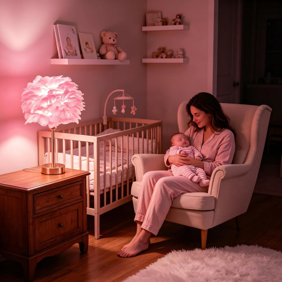 Stylish Smart Touch Control Bedside Lamp with USB Charging and Voice Activation - Dimmable RGB Feather Light for Bedroom and Nursery Decor