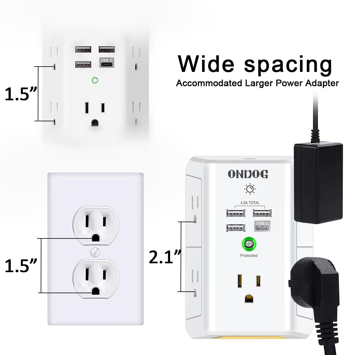 5-Outlet Surge Protector Power Strip with 4 USB Charging Ports and Integrated Night Light