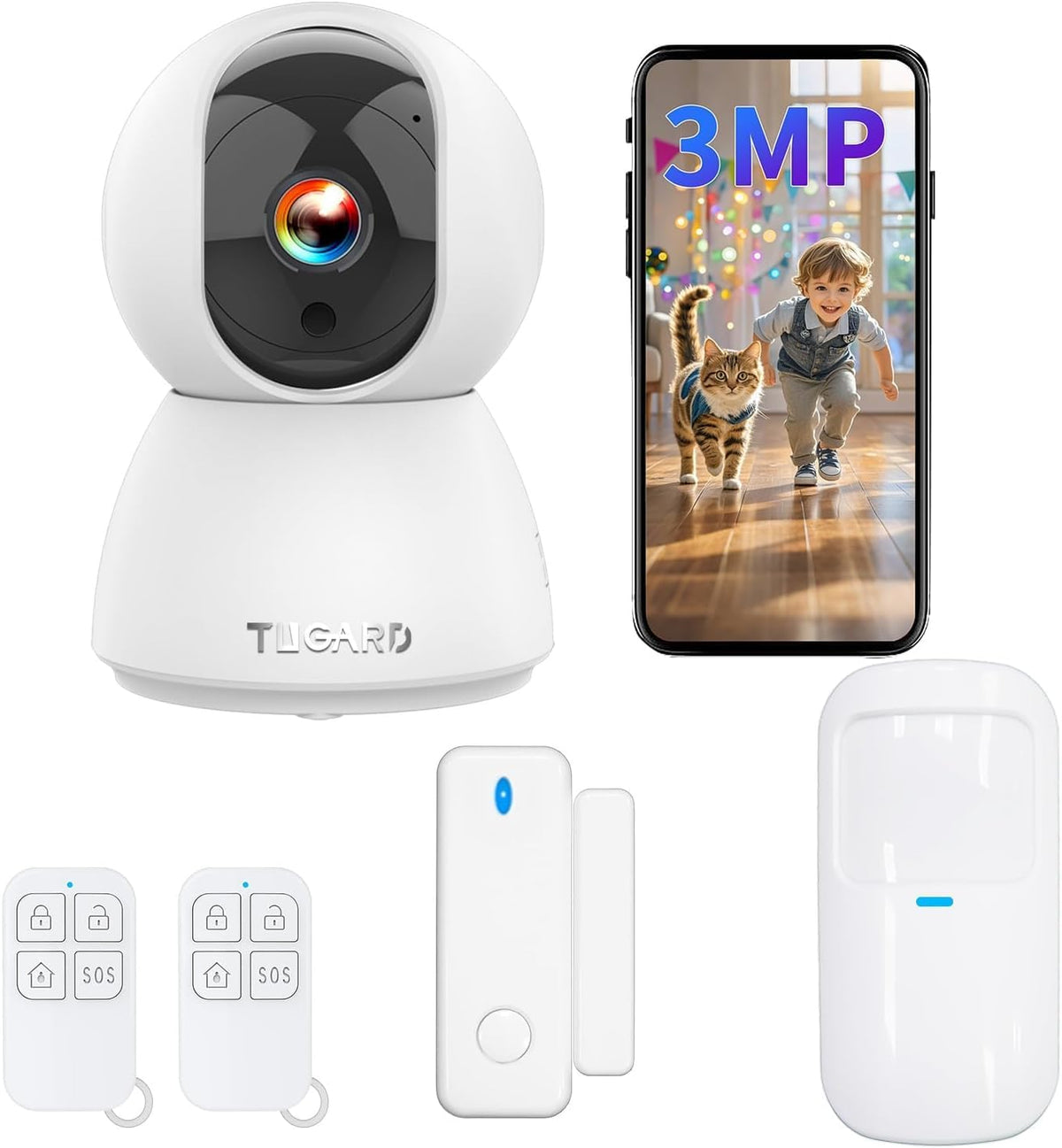 Indoor 1080P HD Security Camera System with Smartphone Alerts, 2.4GHz WiFi, 5-Piece Kit Including Alarm Camera, Motion and Door/Window Sensors for Home and Pet Monitoring