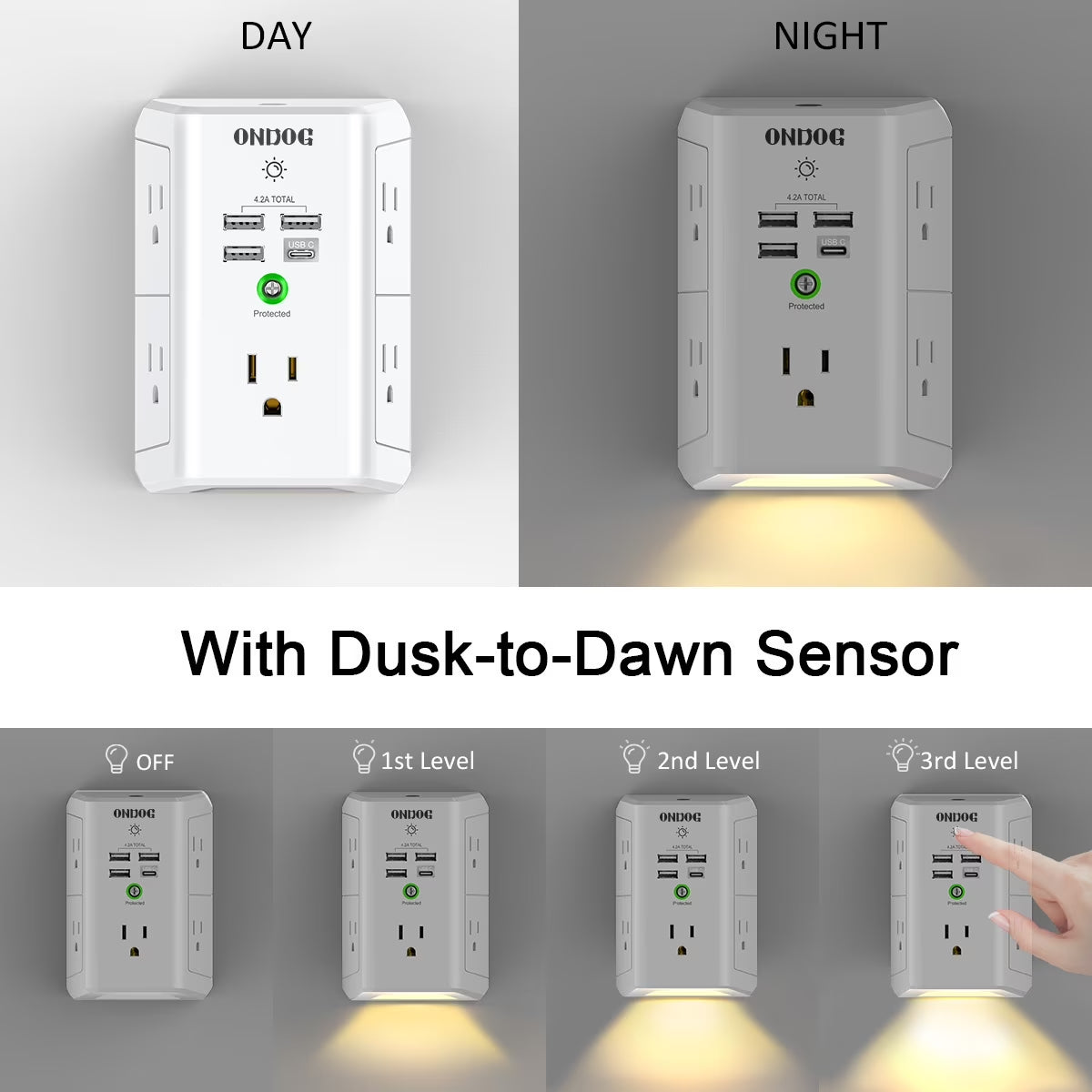 5-Outlet Surge Protector Power Strip with 4 USB Charging Ports and Integrated Night Light