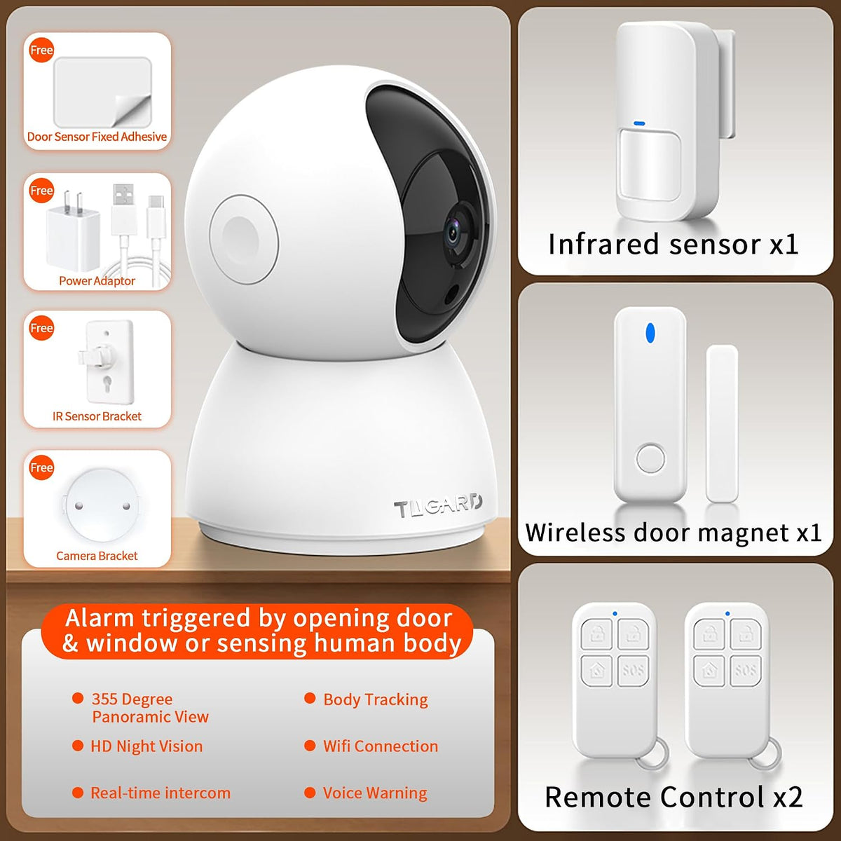 Indoor 1080P HD Security Camera System with Smartphone Alerts, 2.4GHz WiFi, 5-Piece Kit Including Alarm Camera, Motion and Door/Window Sensors for Home and Pet Monitoring