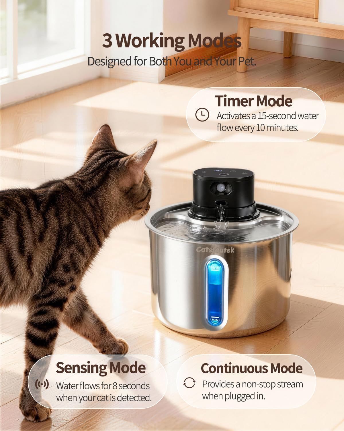 Cordless Stainless Steel Cat Water Fountain Battery Operated Pet Fountain