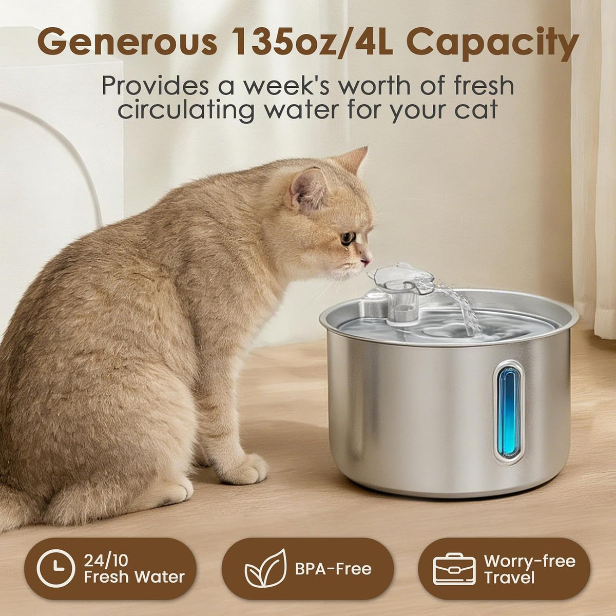 Stainless Steel Cat Water Fountain, 135Oz/4L Automatic Pet Water Dispenser with 3 Filters & 2 Water Outlets, Quiet Indoor Drinking Fountain for Cats Small Dogs, Water Level Window