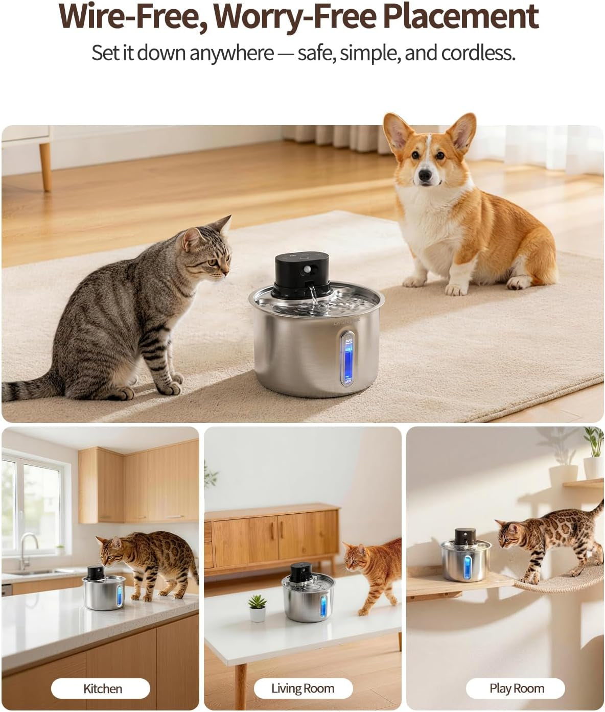 Cordless Stainless Steel Cat Water Fountain Battery Operated Pet Fountain