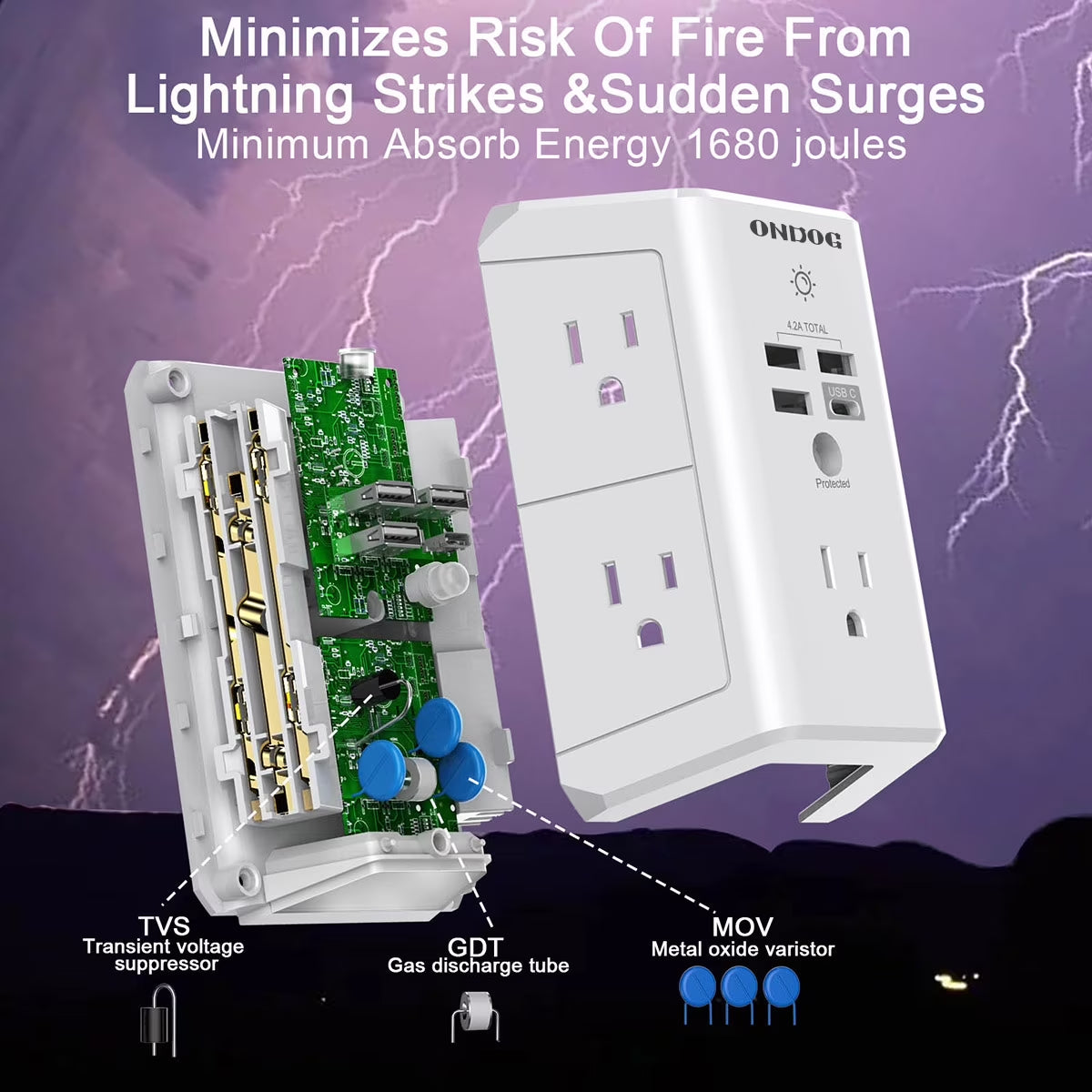 5-Outlet Surge Protector Power Strip with 4 USB Charging Ports and Integrated Night Light