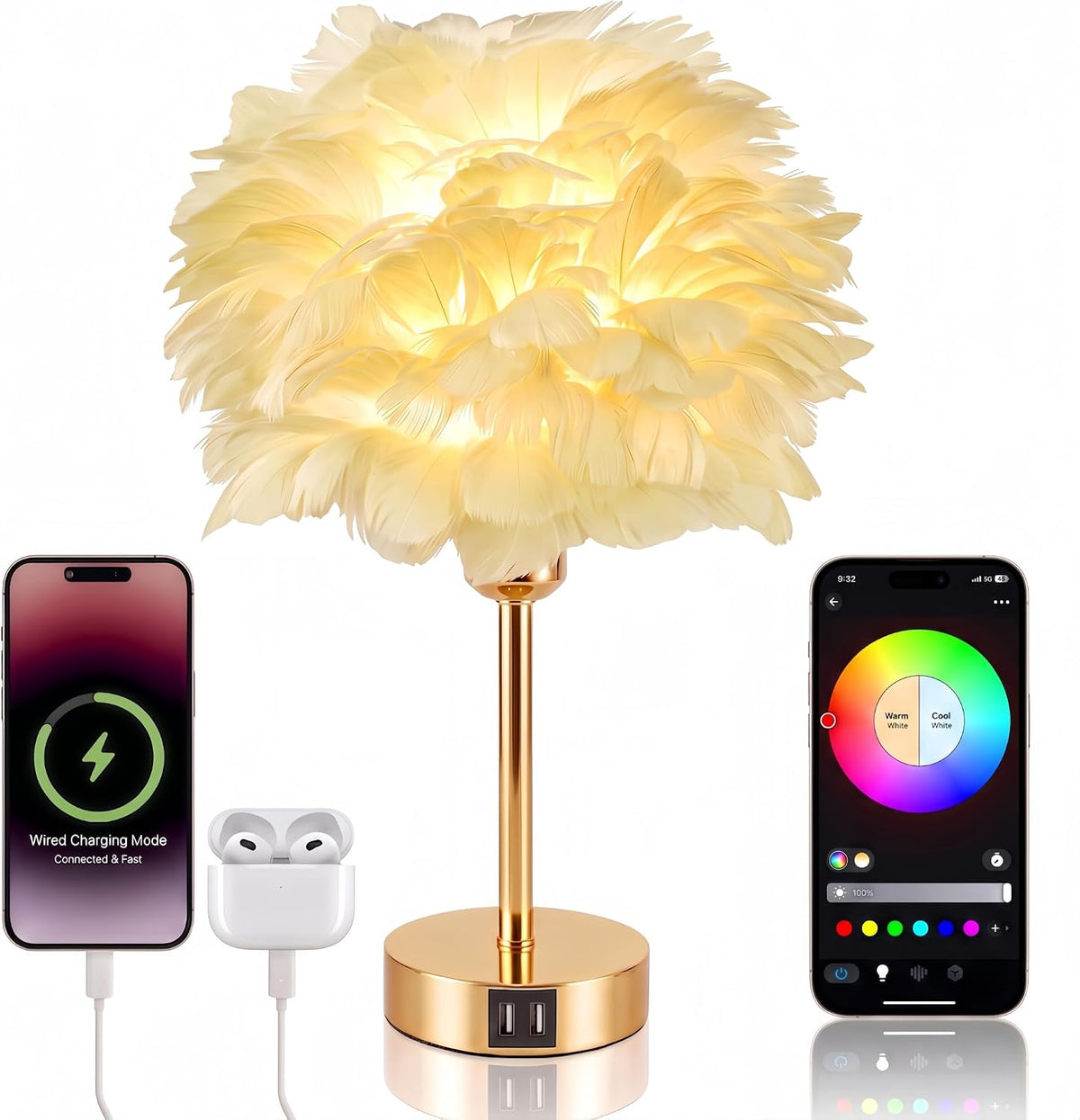 Stylish Smart Touch Control Bedside Lamp with USB Charging and Voice Activation - Dimmable RGB Feather Light for Bedroom and Nursery Decor