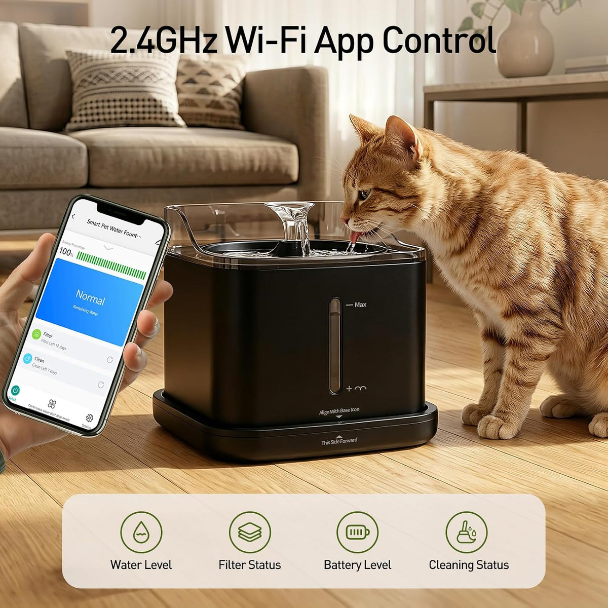 Cat Water Fountain, 2.2L Automatic Pet Water Fountain for Cats and Small Dogs, 2.4Ghz Wifi App Control, Rechargeable Motion Sensor, 3 Water Modes, Detachable Tank, Black