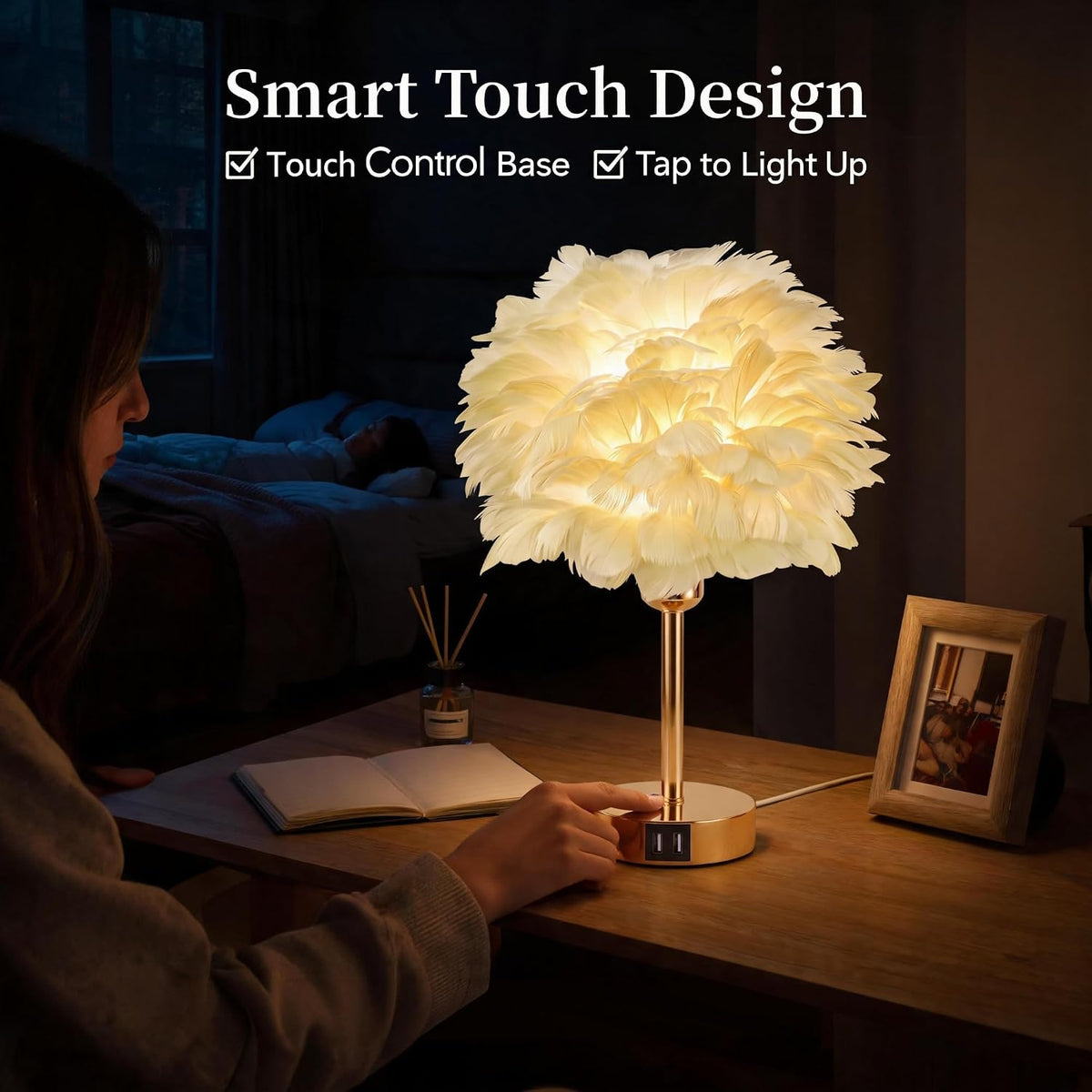 Stylish Smart Touch Control Bedside Lamp with USB Charging and Voice Activation - Dimmable RGB Feather Light for Bedroom and Nursery Decor