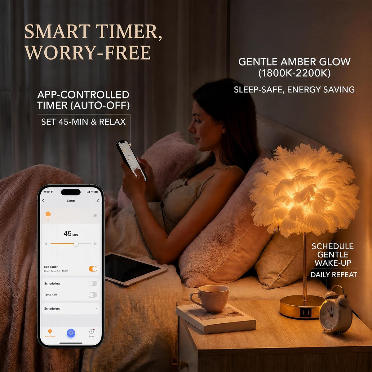 Stylish Smart Touch Control Bedside Lamp with USB Charging and Voice Activation - Dimmable RGB Feather Light for Bedroom and Nursery Decor