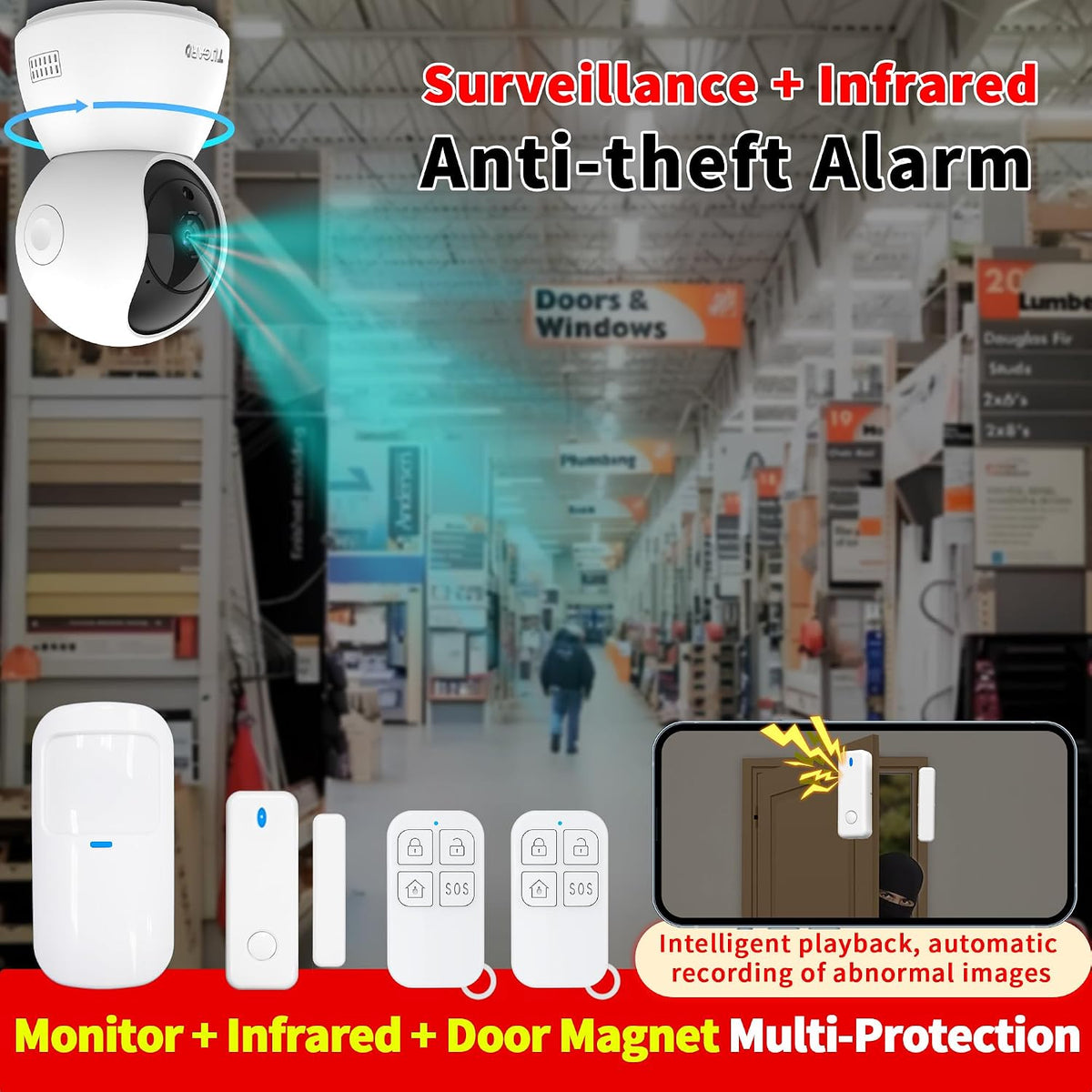Indoor 1080P HD Security Camera System with Smartphone Alerts, 2.4GHz WiFi, 5-Piece Kit Including Alarm Camera, Motion and Door/Window Sensors for Home and Pet Monitoring