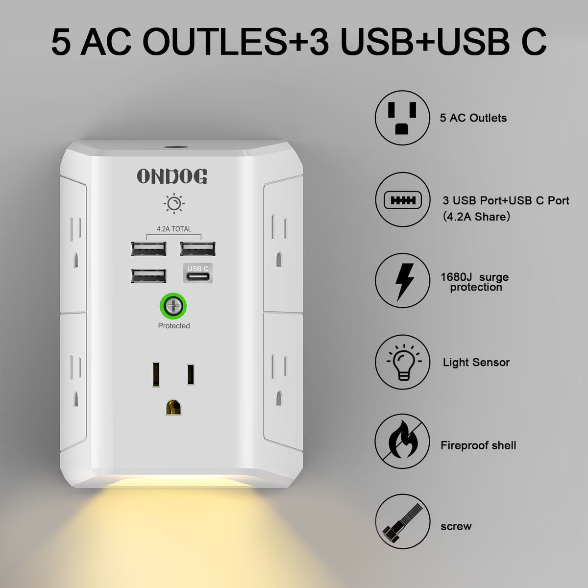 5-Outlet Surge Protector Power Strip with 4 USB Charging Ports and Integrated Night Light