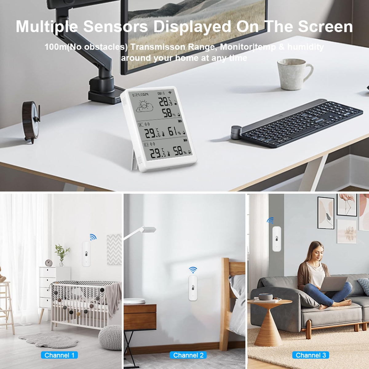 Revolutionary Indoor WiFi Thermometer and Hygrometer: Smart Digital Temperature & Humidity Monitor with App Alerts, 100M Range, and Alexa Compatibility (1 Base Station + 3 Sensors)