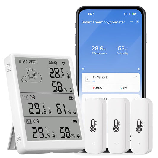 Revolutionary Indoor WiFi Thermometer and Hygrometer: Smart Digital Temperature & Humidity Monitor with App Alerts, 100M Range, and Alexa Compatibility (1 Base Station + 3 Sensors)