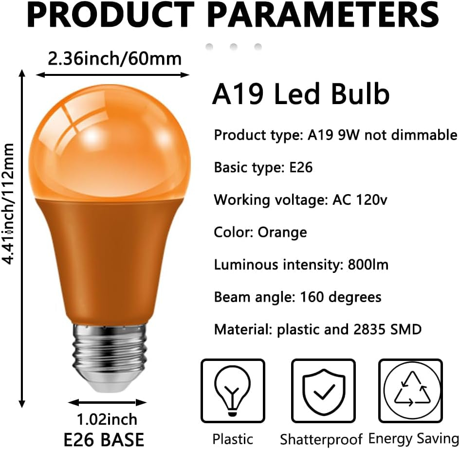 6 Pack 9W 120V E26 Base A19 LED Orange Light Bulb for Halloween Lighting