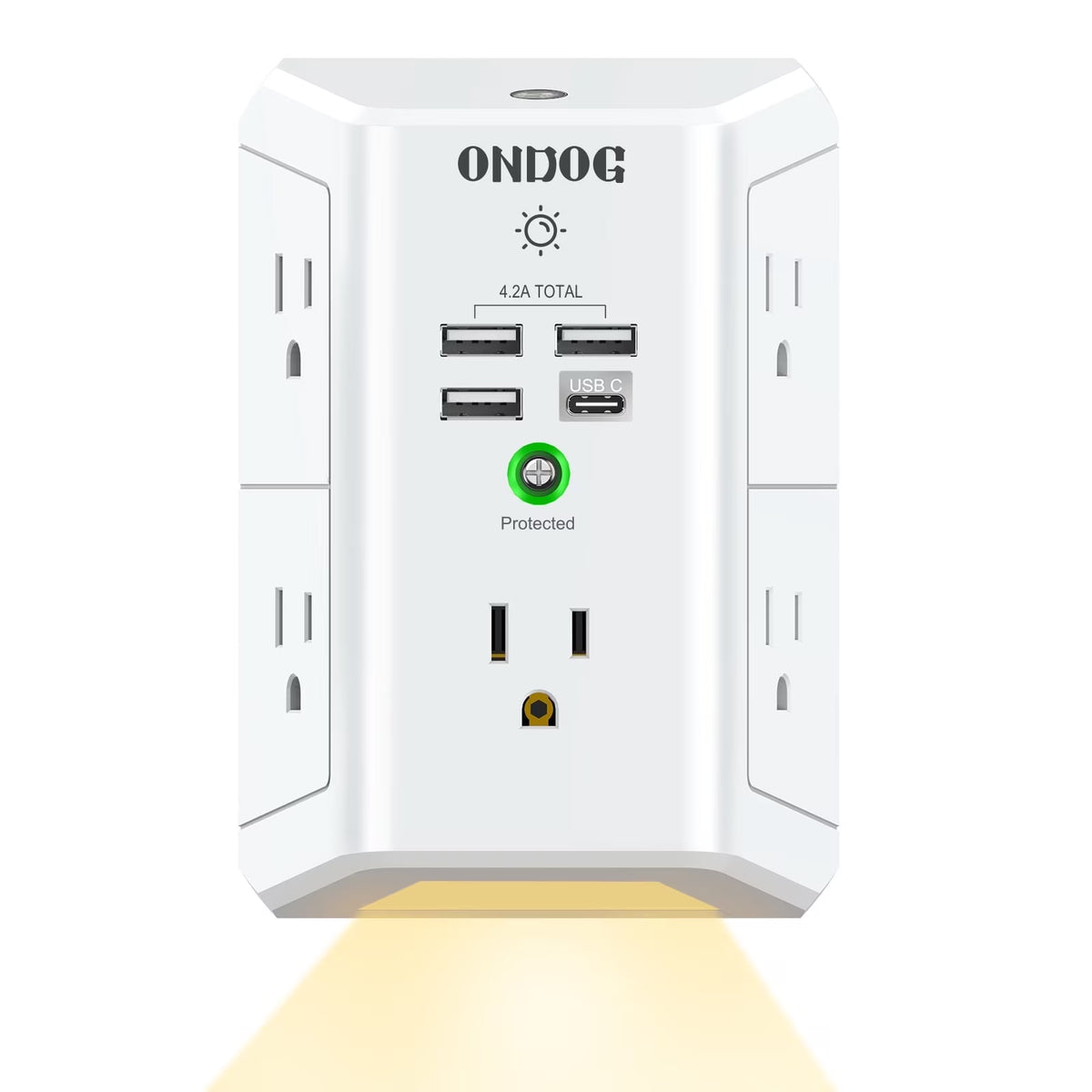 5-Outlet Surge Protector Power Strip with 4 USB Charging Ports and Integrated Night Light