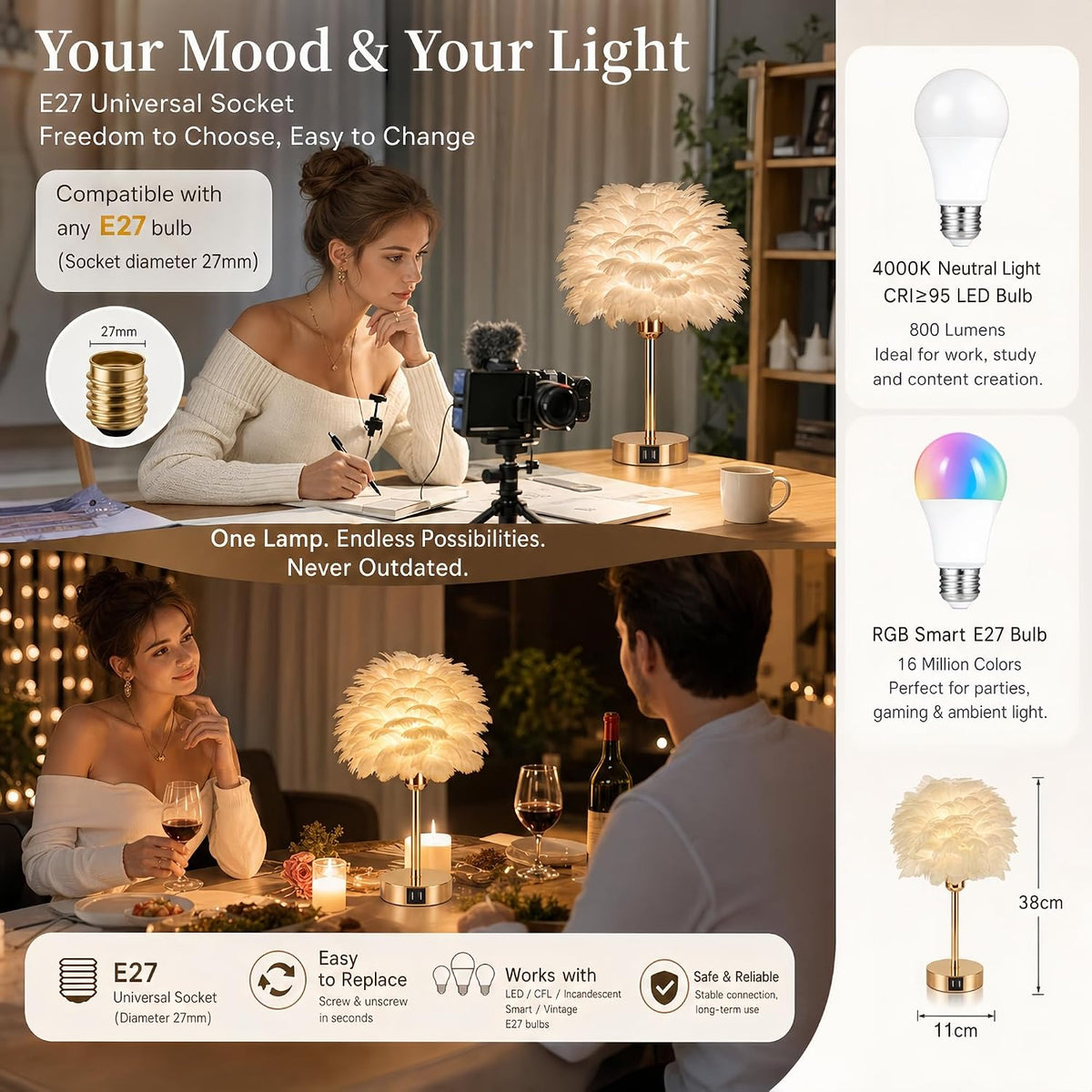 Stylish Smart Touch Control Bedside Lamp with USB Charging and Voice Activation - Dimmable RGB Feather Light for Bedroom and Nursery Decor