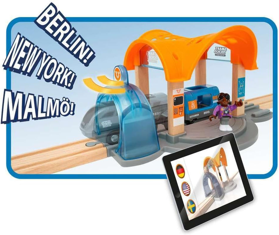 BRIO 33973 Smart Tech Sound Action Tunnel Station | Wooden Toy Train Set for Kids Age 3 and Up