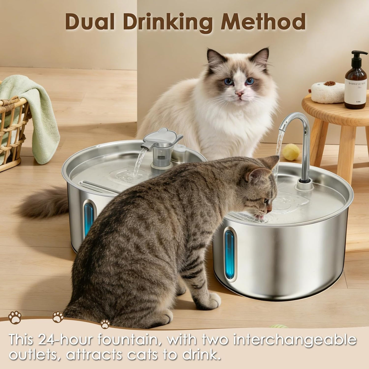 Stainless Steel Cat Water Fountain, 135Oz/4L Automatic Pet Water Dispenser with 3 Filters & 2 Water Outlets, Quiet Indoor Drinking Fountain for Cats Small Dogs, Water Level Window