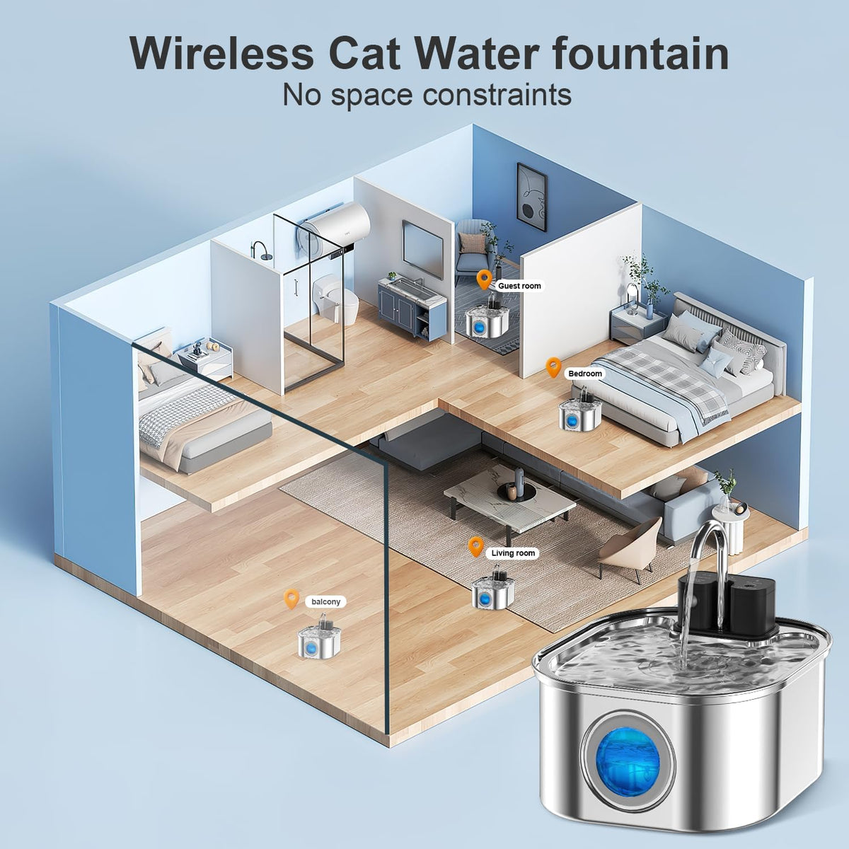 Cat Water Fountain Wireless,Stainless Steel-Rechargeable- Battery Operated Cat Water Fountain,108Oz/ 3.2L Automatic Cordless Pet Fountain,Pet Fountain with 4200 Mah Battery