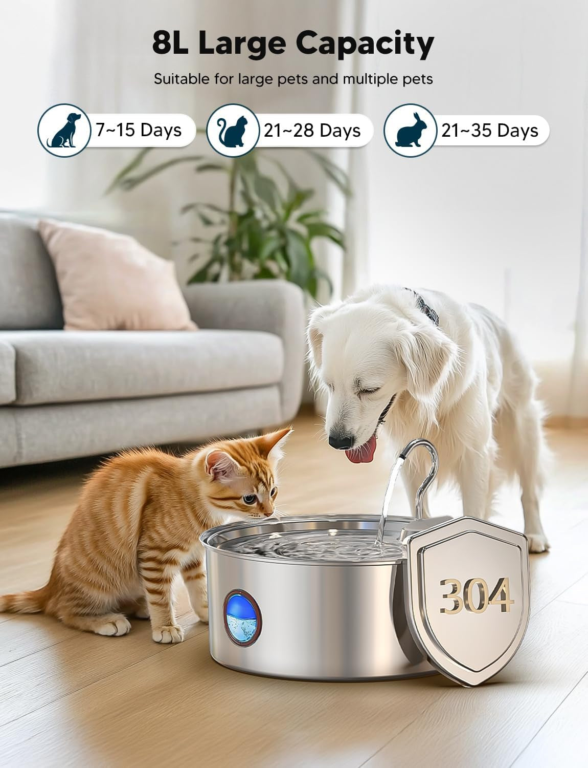 Dog Water Fountain for Large Dogs- 270Oz/8L Stainless Steel Dog Water Bowl Dispenser Automatic Pet Water Fountain with Ultra-Quiet Pump/Quadruple Filtration for Dogs, Cats, Multiple Pets