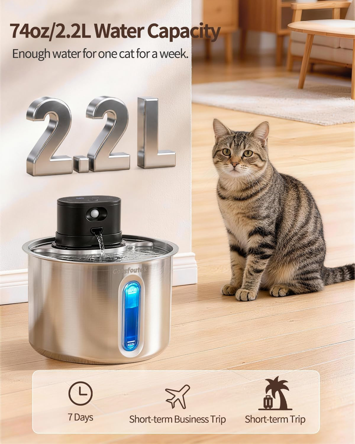 Cordless Stainless Steel Cat Water Fountain Battery Operated Pet Fountain