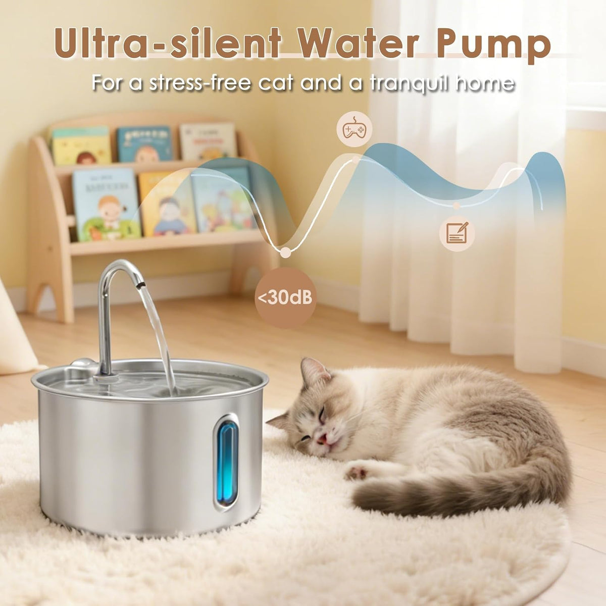 Stainless Steel Cat Water Fountain, 135Oz/4L Automatic Pet Water Dispenser with 3 Filters & 2 Water Outlets, Quiet Indoor Drinking Fountain for Cats Small Dogs, Water Level Window
