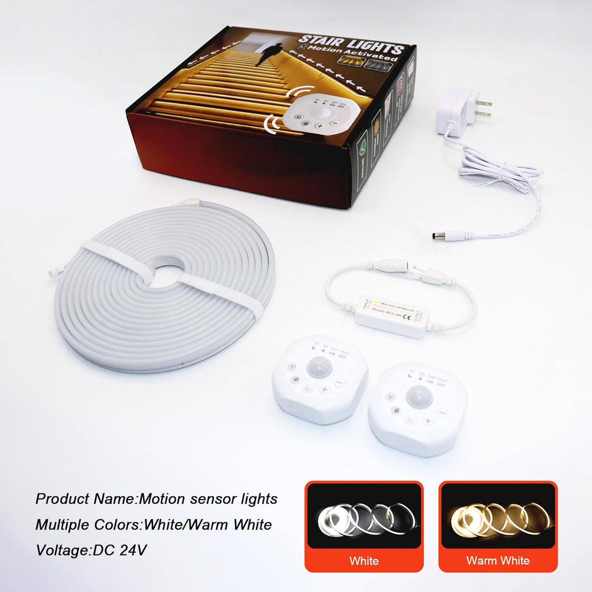 Motion Sensor LED Strip Lights - Chasing Effect Auto On/Off for Stairs, Bedroom, under Cabinet - 32.8Ft White, Intelligent Motion Sensor Stair Lights