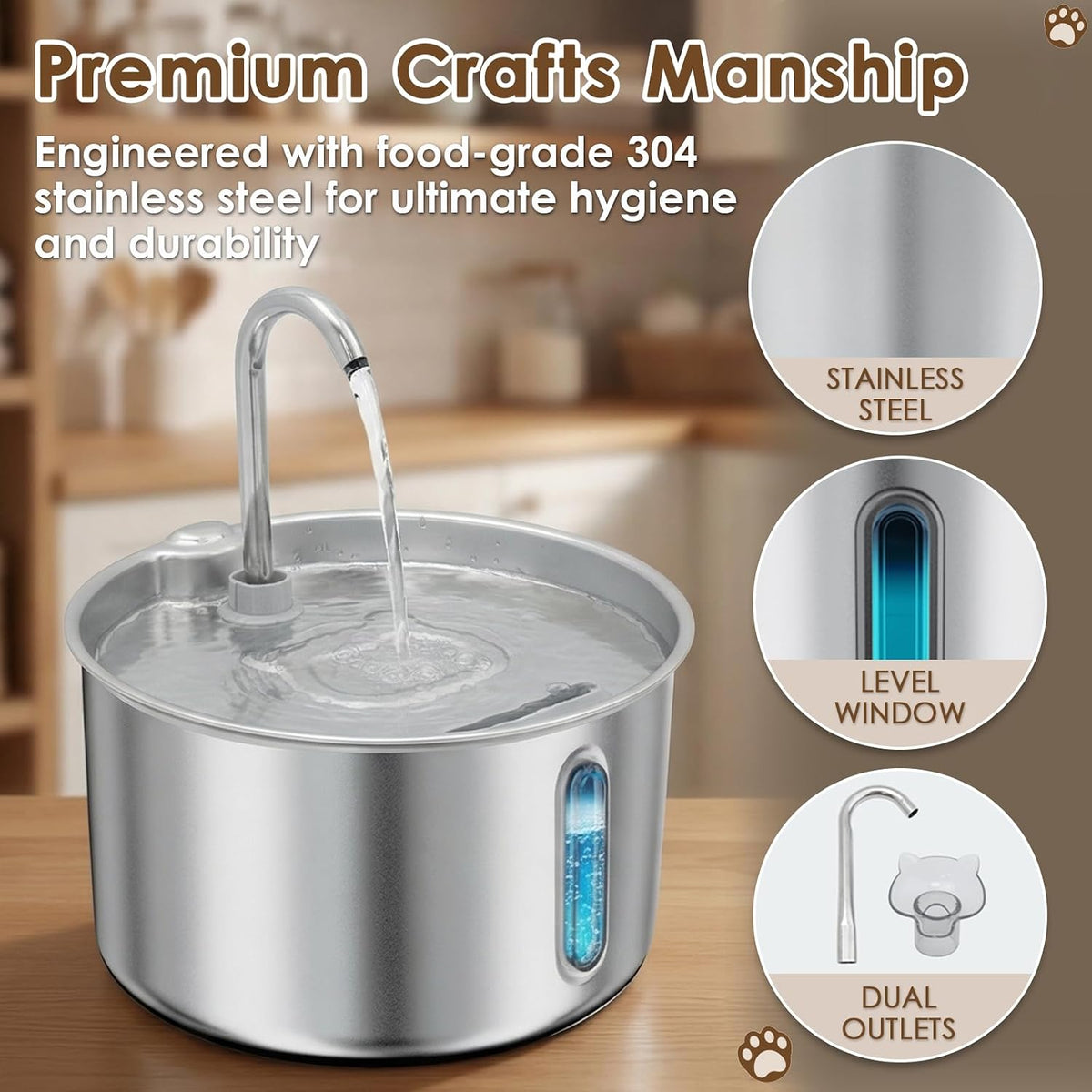 Stainless Steel Cat Water Fountain, 135Oz/4L Automatic Pet Water Dispenser with 3 Filters & 2 Water Outlets, Quiet Indoor Drinking Fountain for Cats Small Dogs, Water Level Window