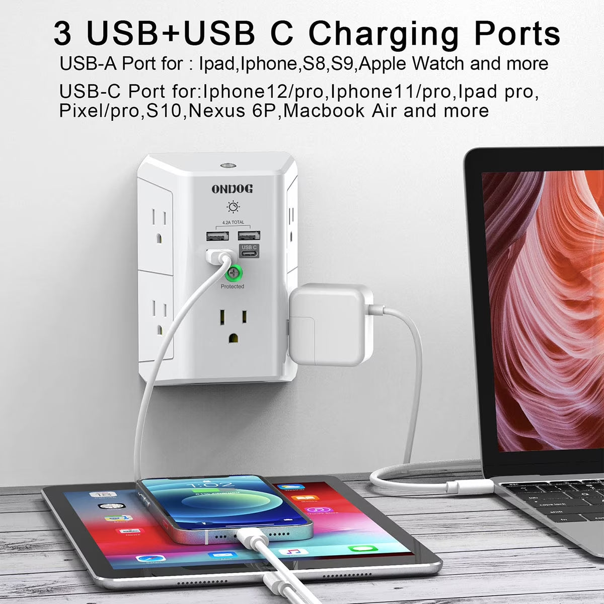 5-Outlet Surge Protector Power Strip with 4 USB Charging Ports and Integrated Night Light