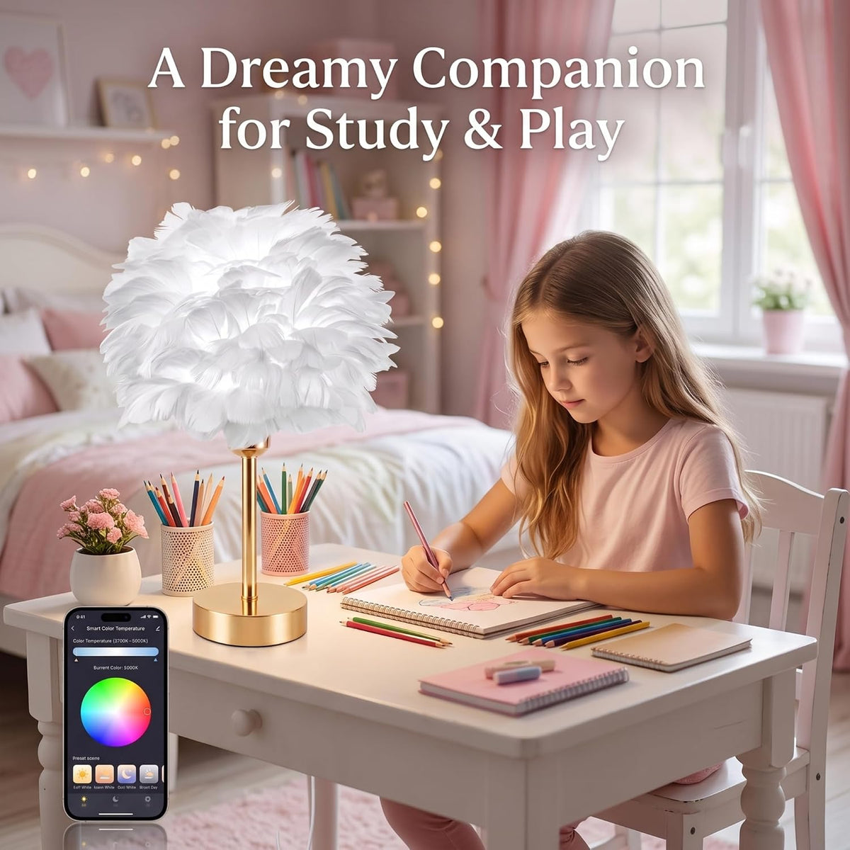 Stylish Smart Touch Control Bedside Lamp with USB Charging and Voice Activation - Dimmable RGB Feather Light for Bedroom and Nursery Decor