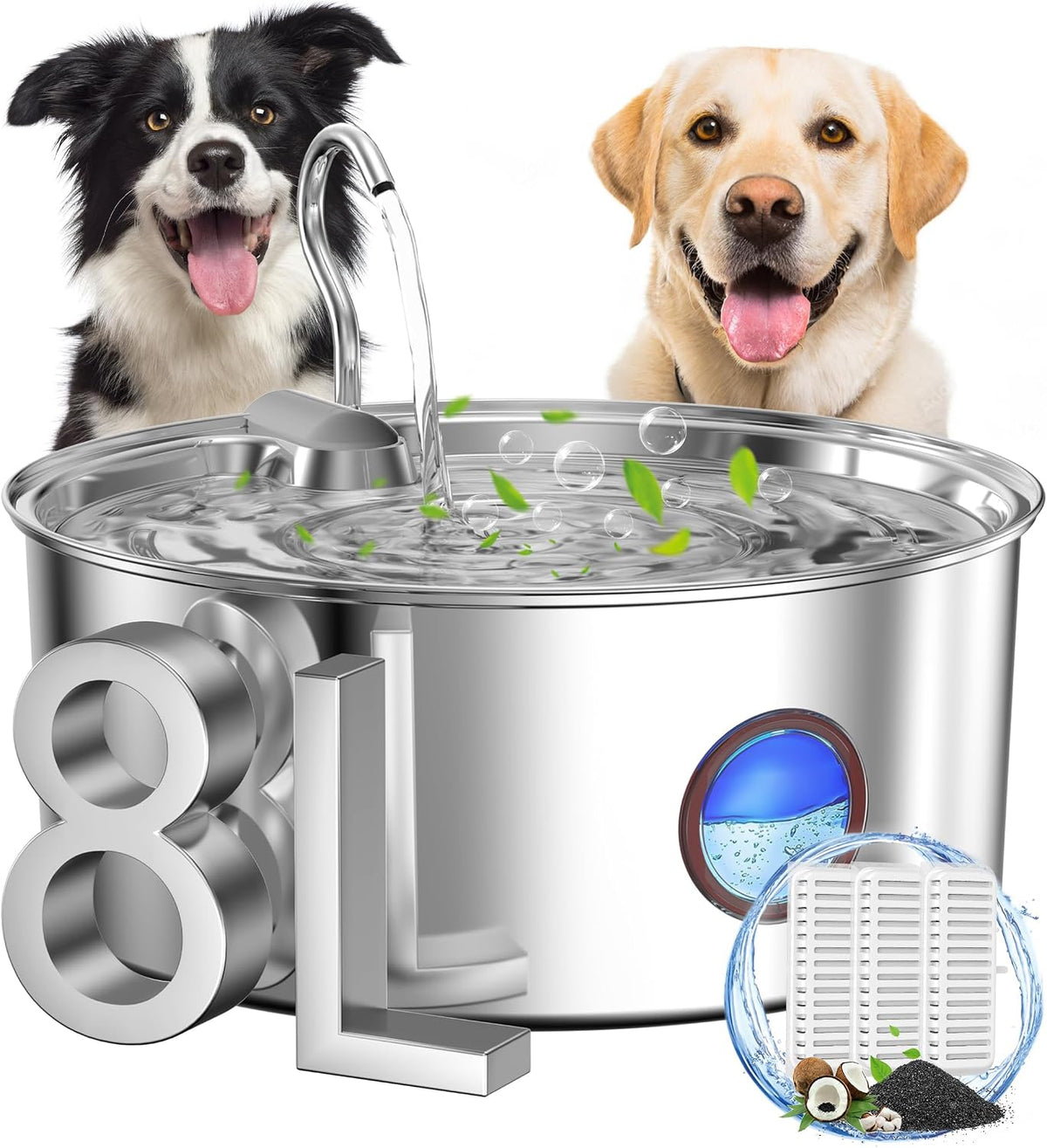 Dog Water Fountain for Large Dogs- 270Oz/8L Stainless Steel Dog Water Bowl Dispenser Automatic Pet Water Fountain with Ultra-Quiet Pump/Quadruple Filtration for Dogs, Cats, Multiple Pets