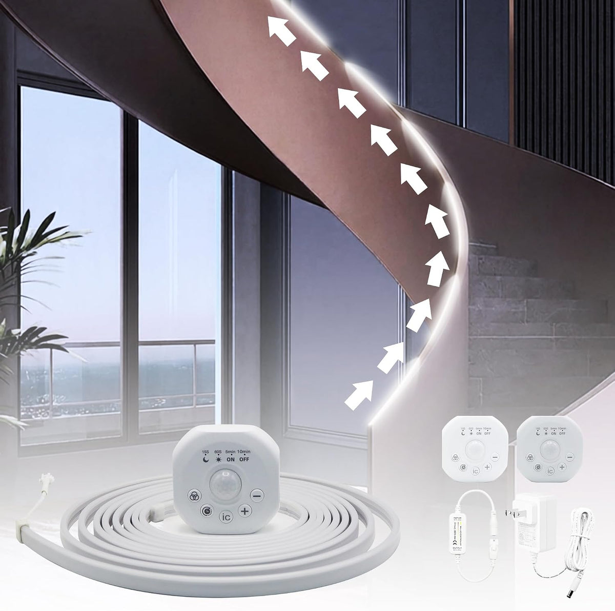 Motion Sensor LED Strip Lights - Chasing Effect Auto On/Off for Stairs, Bedroom, under Cabinet - 32.8Ft White, Intelligent Motion Sensor Stair Lights