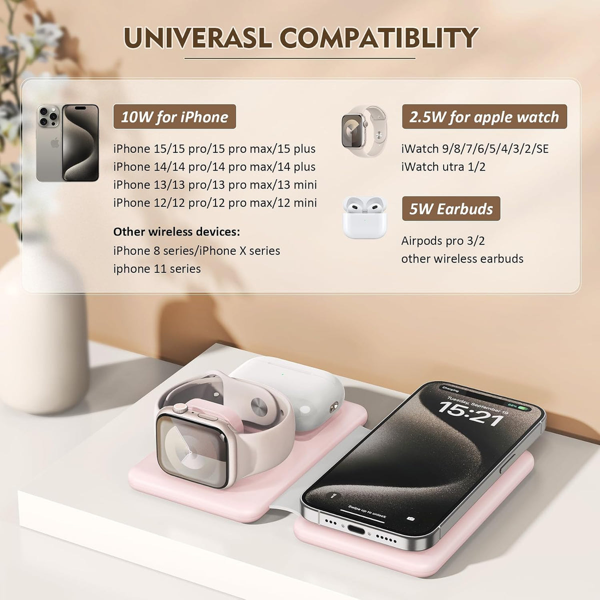 3-in-1 Wireless Charging Station for iPhone 12-17 Pro Max, Foldable Magnetic Charger Pad for Apple Watch and AirPods, Fast Charging Dock for Home and Travel