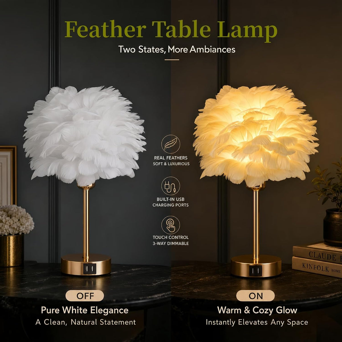 Stylish Smart Touch Control Bedside Lamp with USB Charging and Voice Activation - Dimmable RGB Feather Light for Bedroom and Nursery Decor