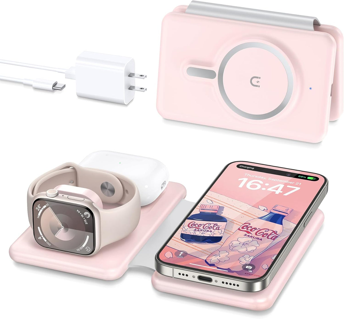 3-in-1 Wireless Charging Station for iPhone 12-17 Pro Max, Foldable Magnetic Charger Pad for Apple Watch and AirPods, Fast Charging Dock for Home and Travel
