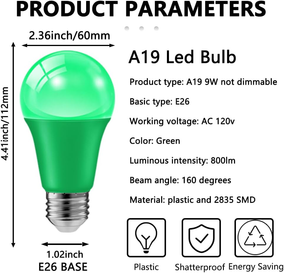 6 Pack 9W 120V E26 Base A19 LED Green Light Bulb for Party Christmas Decor