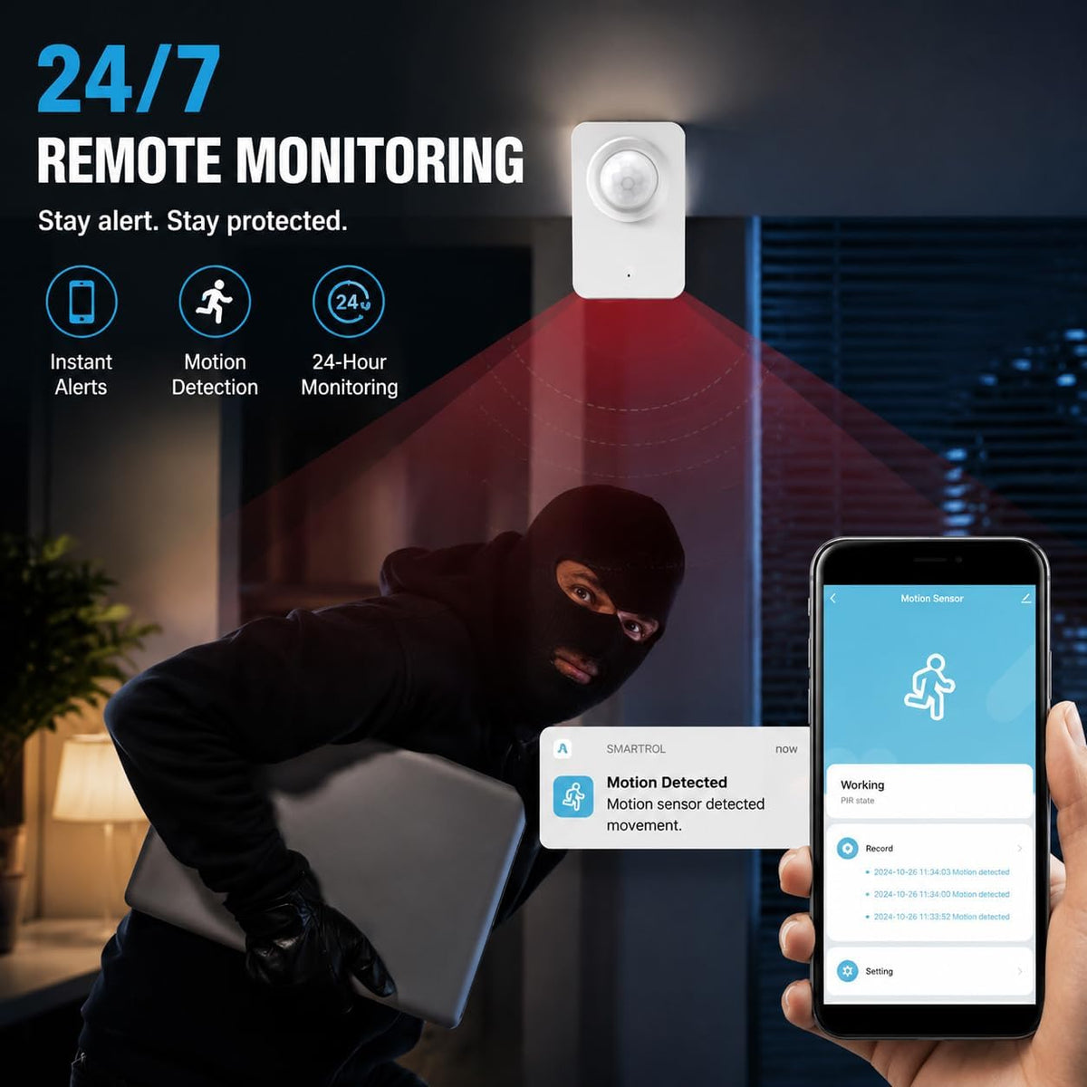 Enhance Your Home Security with Our WiFi Motion Sensor - Smart PIR Detector with Instant App Alerts and Seamless 2.4GHz Connectivity