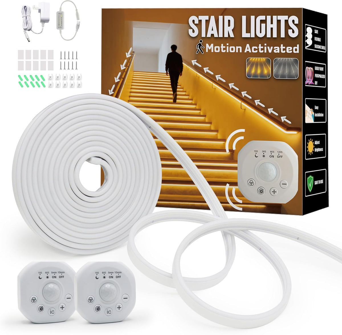 Motion Sensor LED Strip Lights - Chasing Effect Auto On/Off for Stairs, Bedroom, under Cabinet - 32.8Ft White, Intelligent Motion Sensor Stair Lights