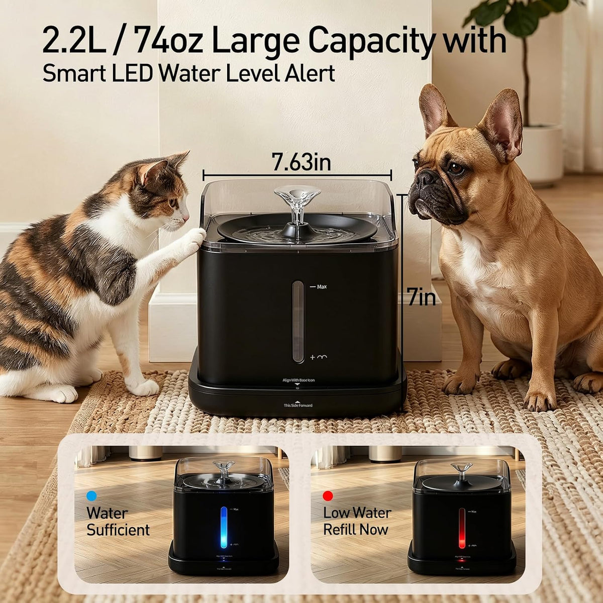 Cat Water Fountain, 2.2L Automatic Pet Water Fountain for Cats and Small Dogs, 2.4Ghz Wifi App Control, Rechargeable Motion Sensor, 3 Water Modes, Detachable Tank, Black