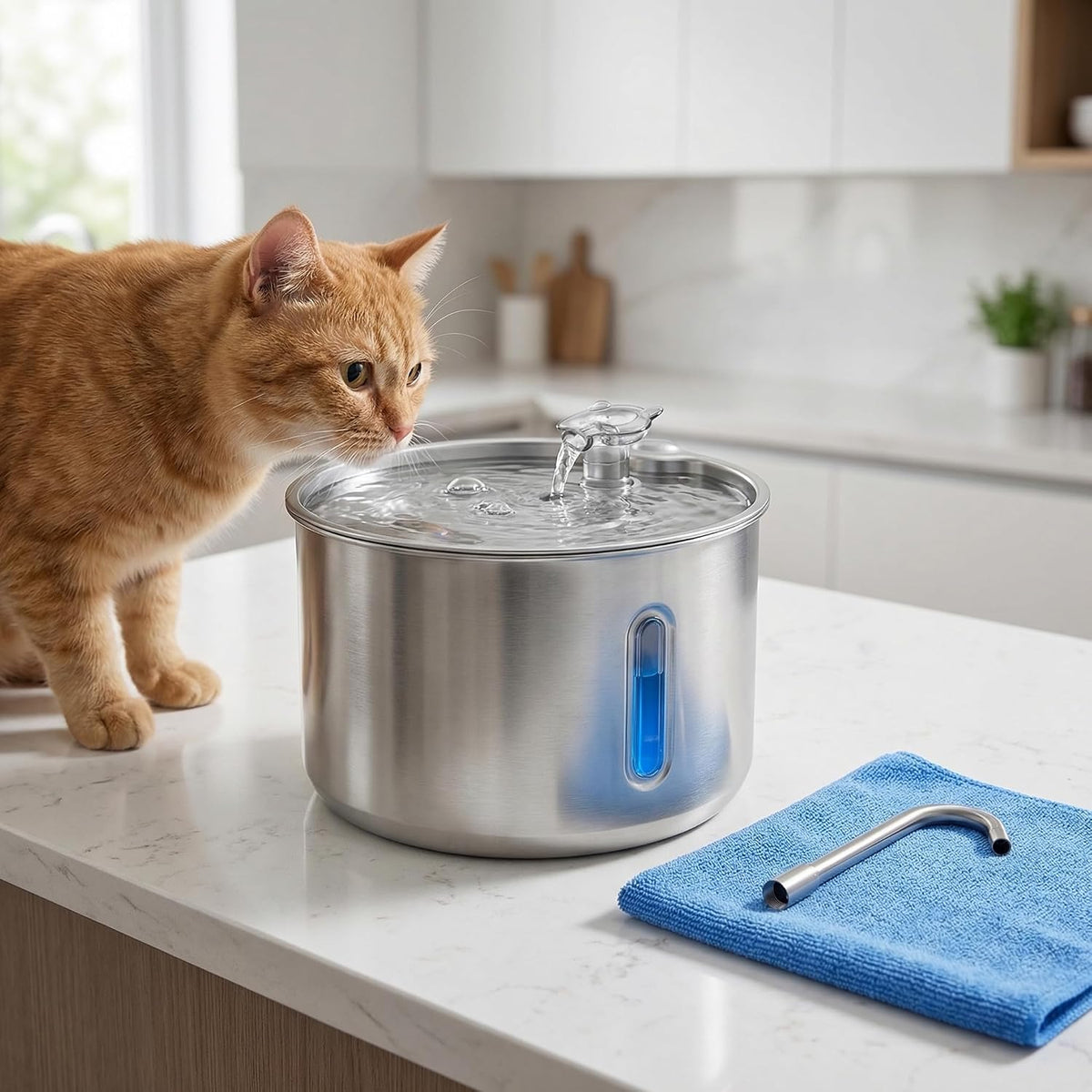 Stainless Steel Cat Water Fountain, 135Oz/4L Automatic Pet Water Dispenser with 3 Filters & 2 Water Outlets, Quiet Indoor Drinking Fountain for Cats Small Dogs, Water Level Window
